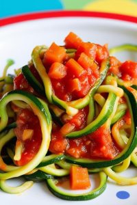 mandoline manuelle spaghetti de courgette pour les enfants avec des courgette, carotte et de la sauce tomate